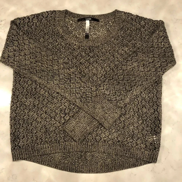 Kensie Lg Slv Scoop Neck Open Weave Acrylic Cotton Two Tone Sweater Gray Sz M - Picture 1 of 10